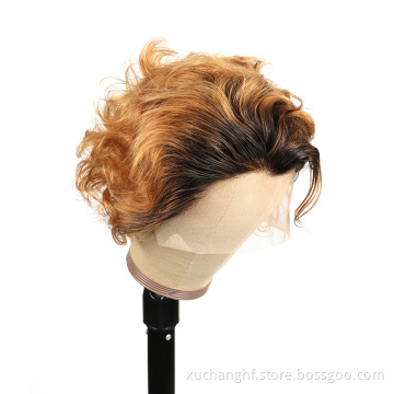 Unprocessed hair pixie curl wig human hair, virgin hd lace brazilian ombre colored bob wig 613 pixie frontal wigs